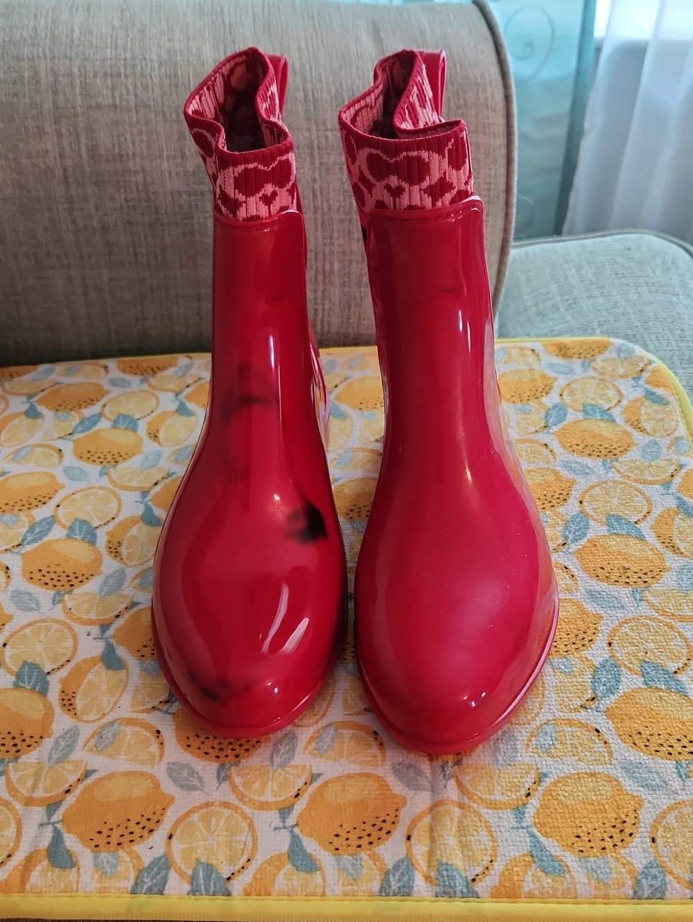Coach Red Women's Rain Ankle Boots with Patterned Knit Cuff